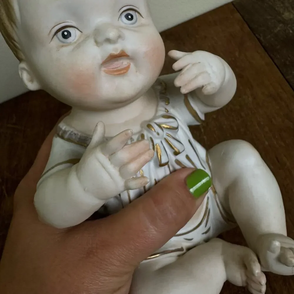 Vintage Bisque Porcelain Baby Boy with‎ gold accents nursery shelf decor